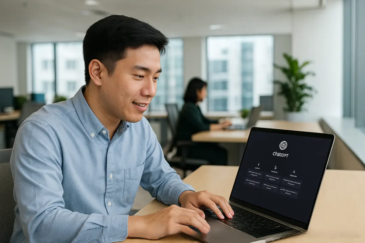 Người Việt sử dụng ChatGPT trên laptop trong văn phòng hiện đại, trò chuyện cùng AI