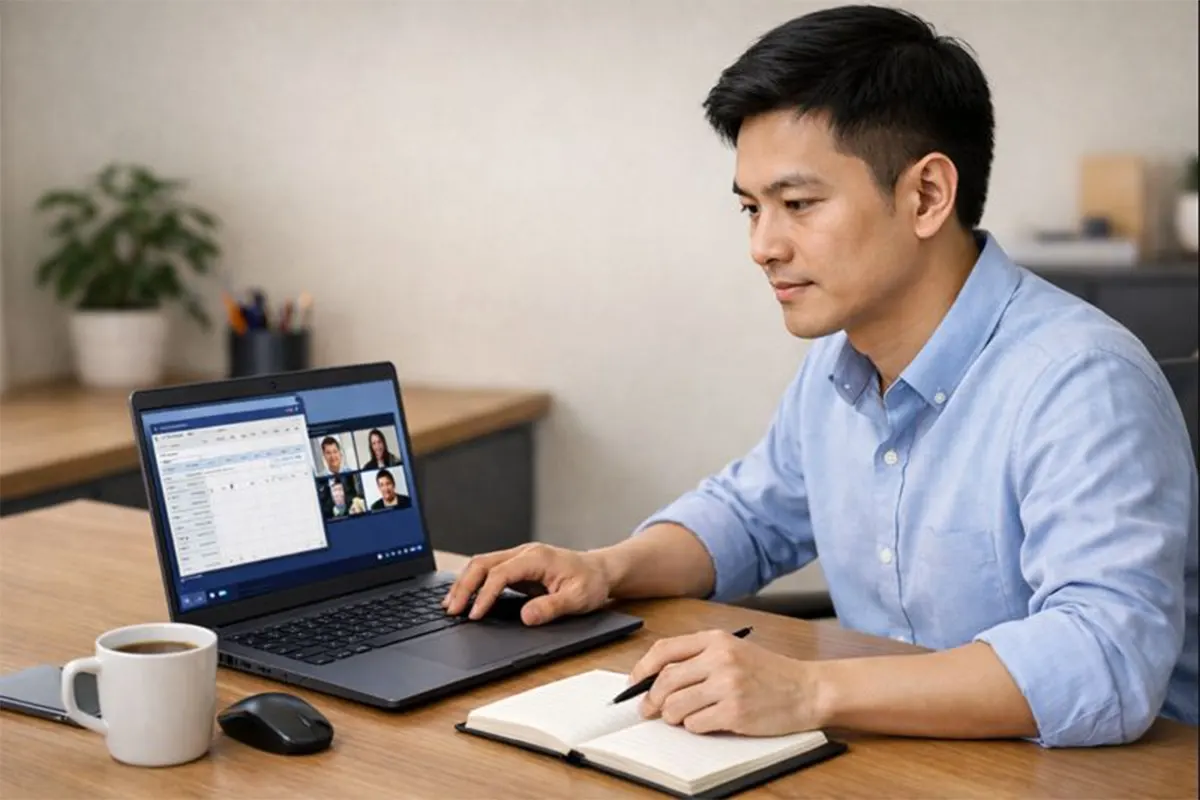 Laptop Dell Latitude 5310 đặt trên bàn làm việc văn phòng, cạnh sổ tay và ly cà phê, không gian gọn gàng hiện đại