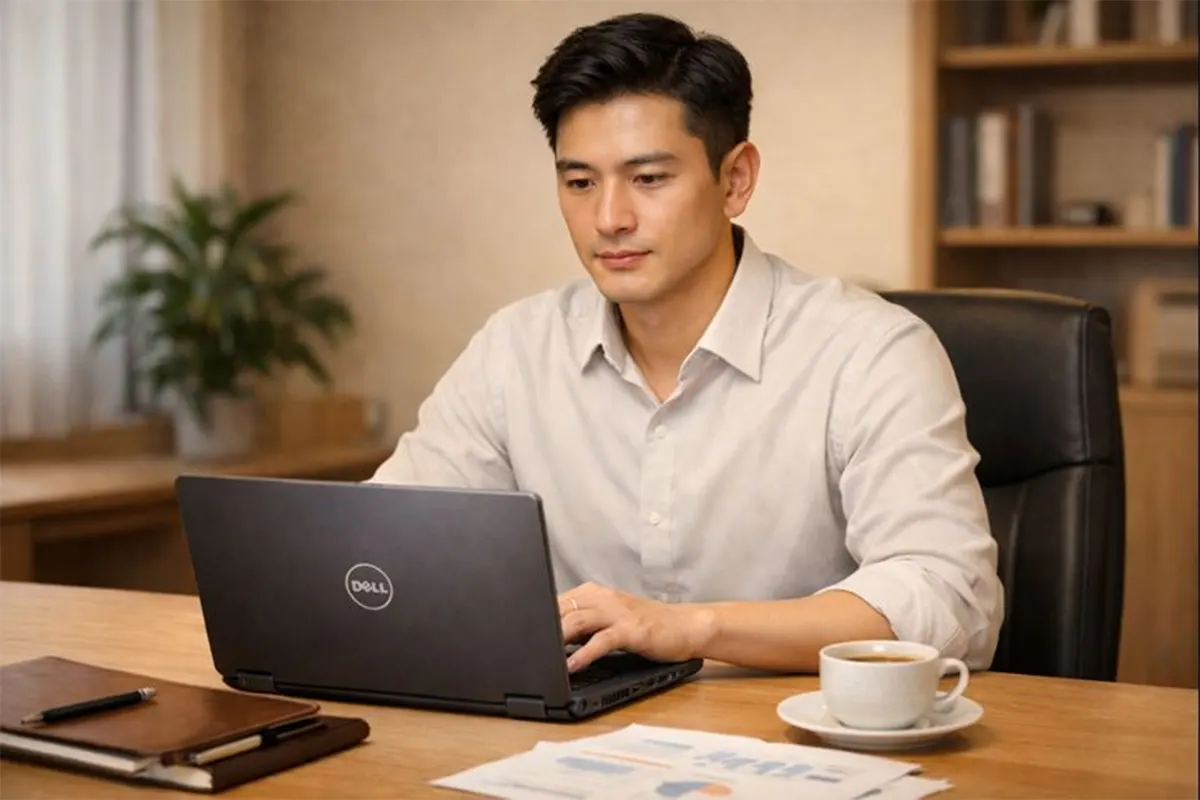 Laptop Dell Latitude 5410 đặt trên bàn làm việc văn phòng, cạnh sổ tay và ly cà phê