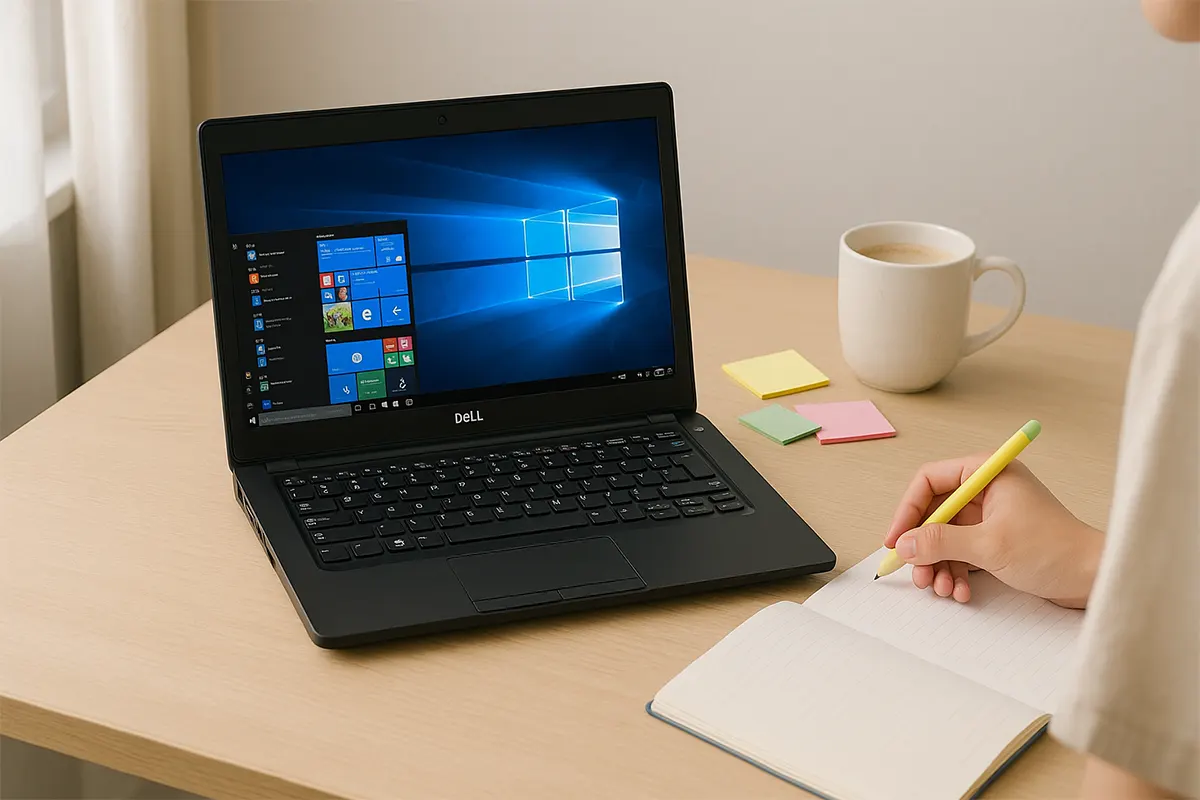Laptop Dell Latitude 7280 đặt trên bàn học, bên cạnh vở ghi chép của một bạn sinh viên
