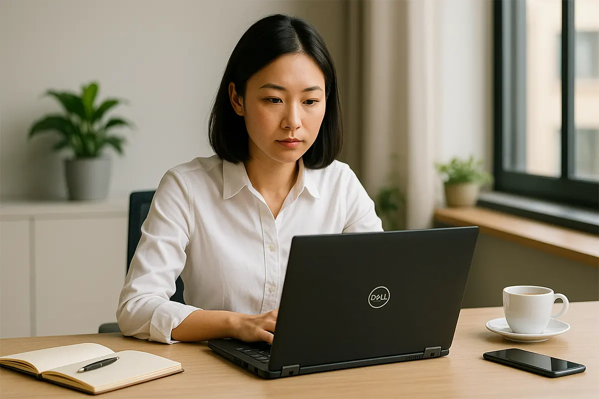 Laptop Dell Latitude 7290 đặt trên bàn làm việc, cạnh sổ tay và ly cà phê trong không gian văn phòng hiện đại