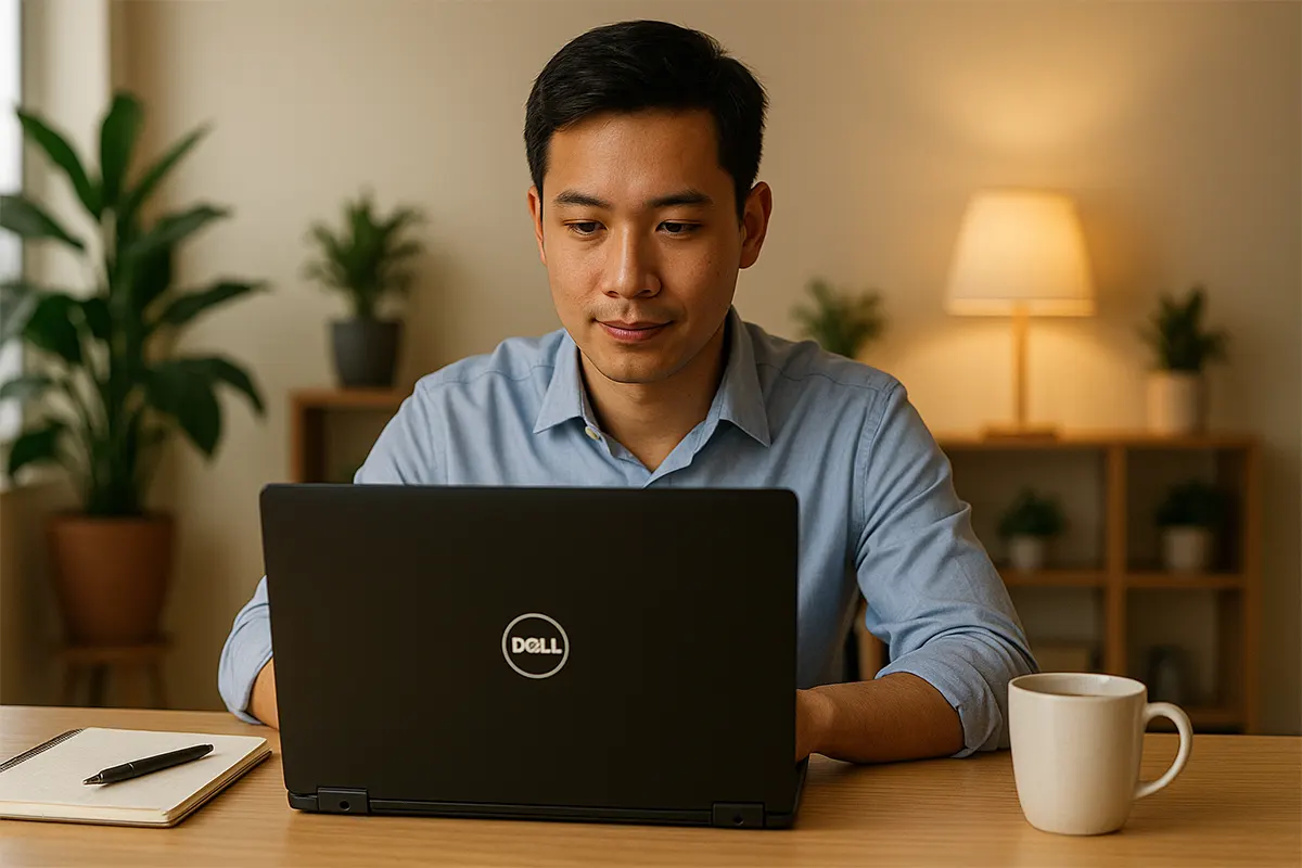 Laptop Dell Latitude 7390 đặt trên bàn làm việc, cạnh sổ tay và ly cà phê của một bạn nhân viên văn phòng