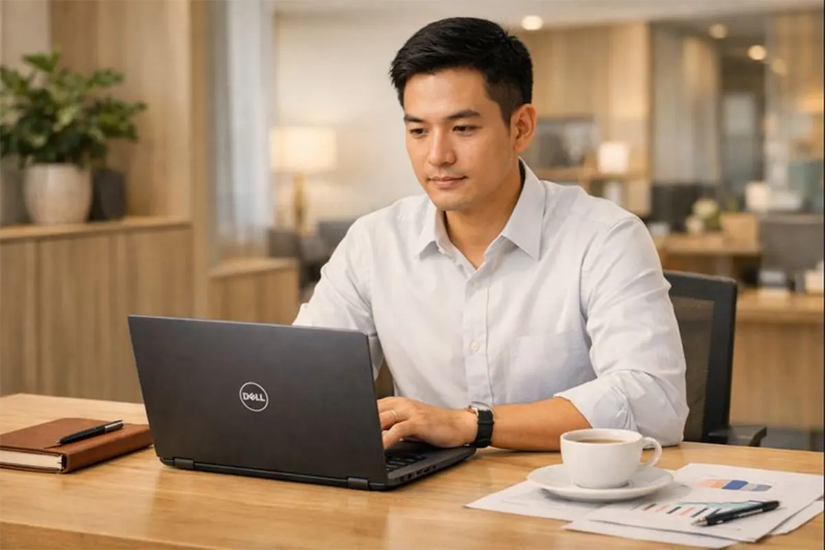 Laptop Dell Latitude 7420 đặt trên bàn làm việc văn phòng, cạnh sổ tay và ly cà phê