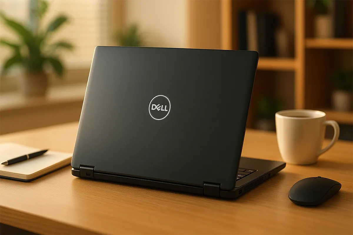 Laptop Dell Latitude E7270 đặt trên bàn làm việc, cạnh sổ tay và ly cà phê của một bạn nhân viên văn phòng