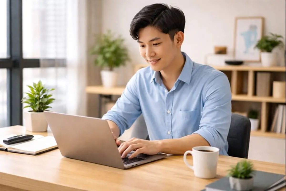 Người dùng laptop trong văn phòng Việt Nam hiện đại, bàn làm việc gọn gàng, ánh sáng tự nhiên