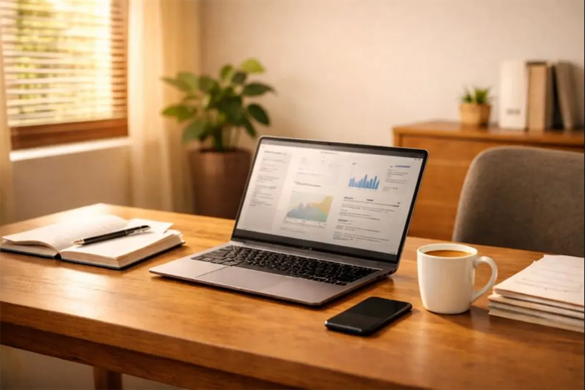Bàn làm việc gọn gàng với laptop văn phòng, sổ tay và ly cà phê tạo cảm giác tập trung