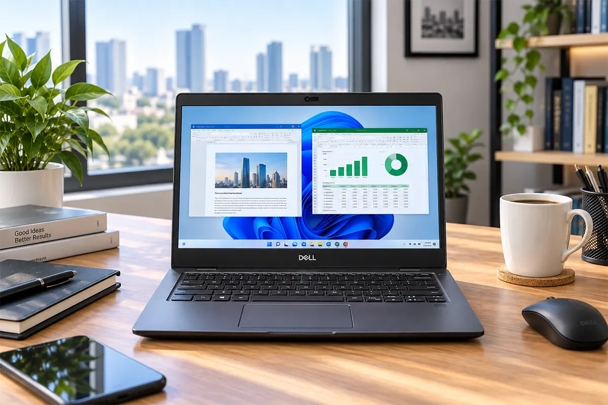 Laptop Dell Latitude 7300 đặt trên bàn làm việc, cạnh sổ tay và ly cà phê trong không gian văn phòng hiện đại