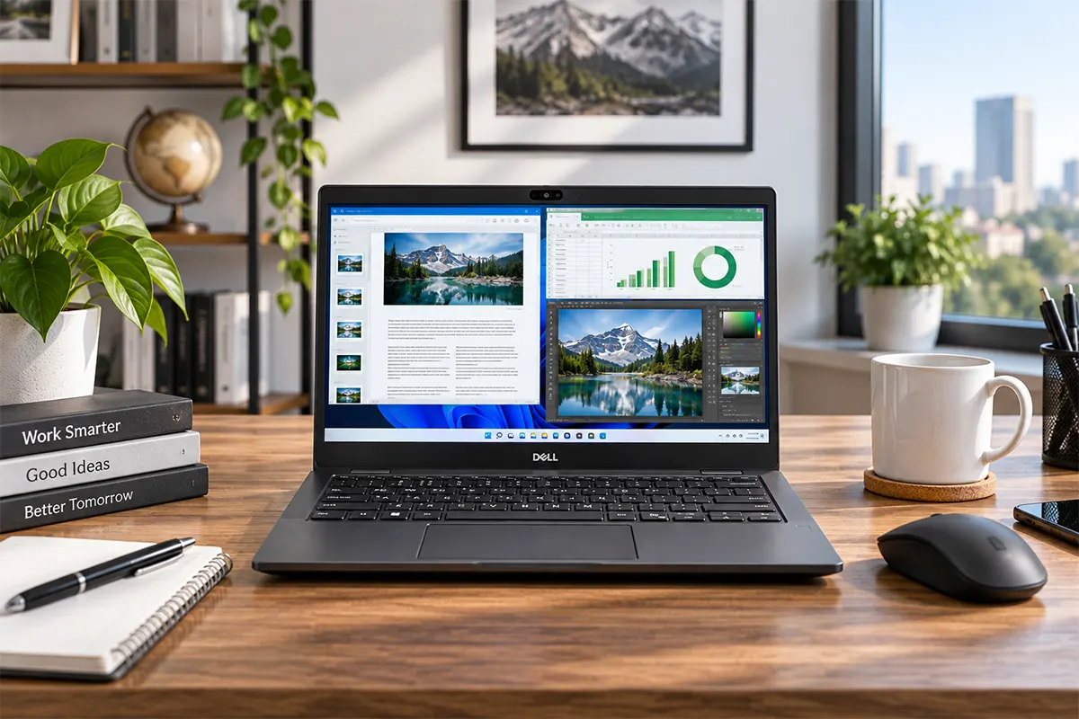 Laptop Dell Latitude 7320 đặt trên bàn làm việc văn phòng, màn hình hướng thẳng người dùng