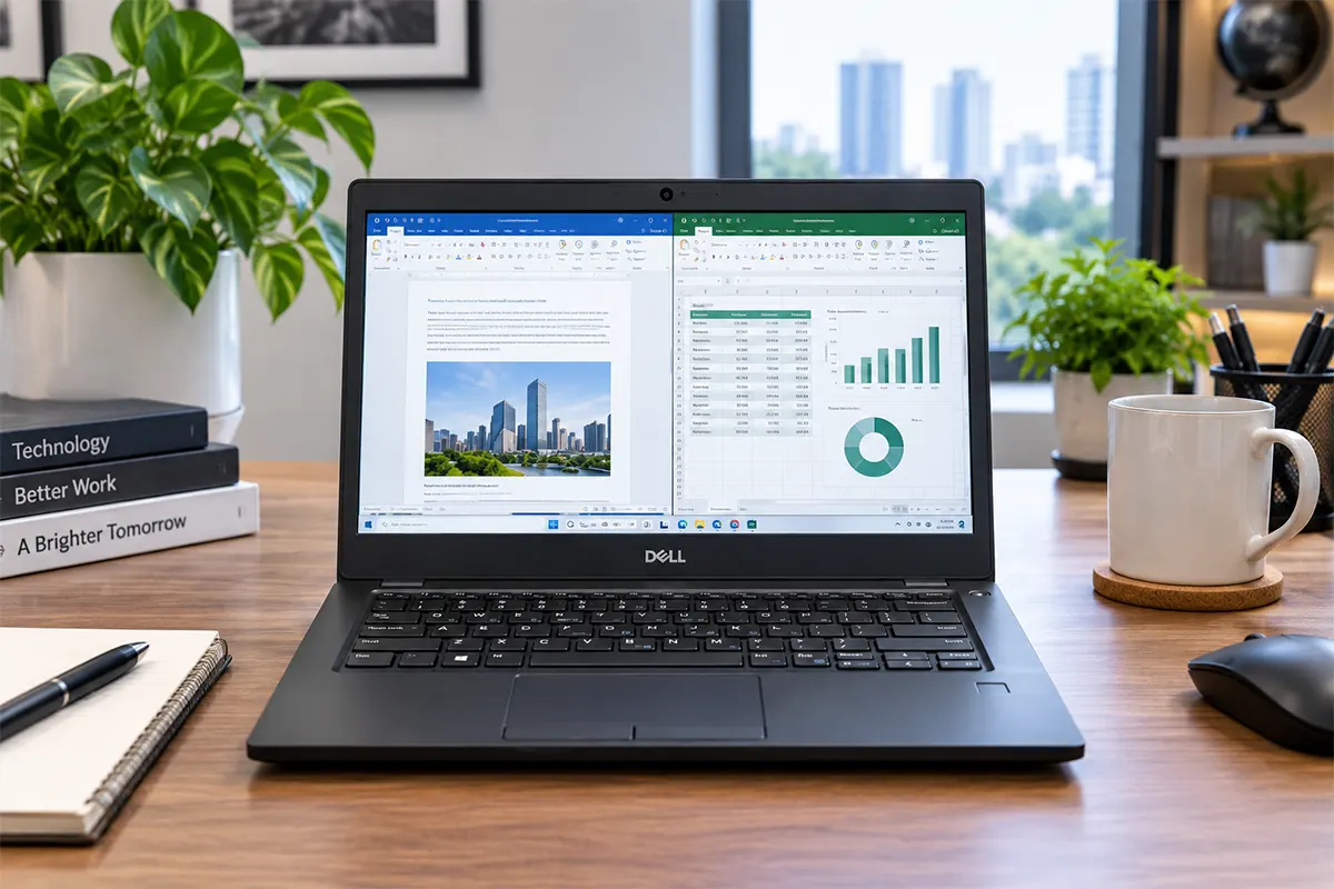 Laptop Dell Latitude 7390 đặt trên bàn làm việc, màn hình hiển thị công việc văn phòng