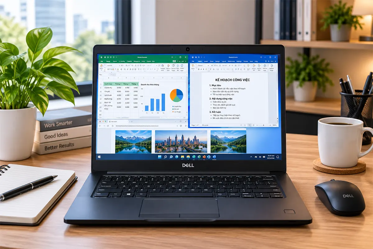 Laptop Dell Latitude 7490 đặt trên bàn làm việc với màn hình hiển thị giao diện công việc văn phòng