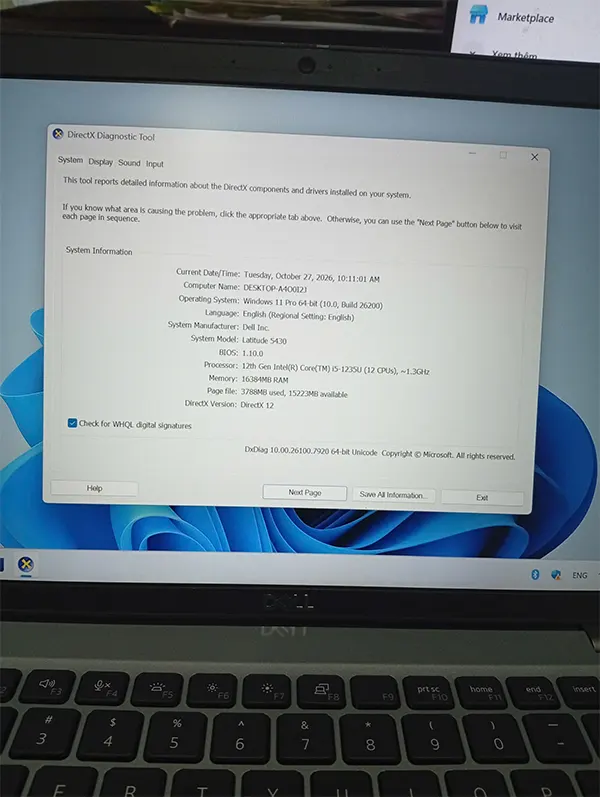 Kiểm tra cấu hình Dell Latitude bằng công cụ DxDiag